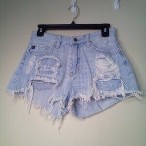 Kancan Shorts Juniors 5 26 Cheeky Distressed Trashed Raw Hem Light Wash Blue